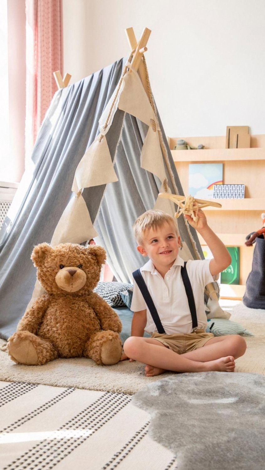 Young boy in a UAE home playroom holding a wooden airplane next to a teddy bear and a canvas teepee