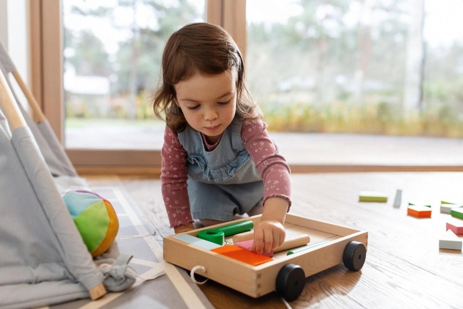 Little girl reaching into a small wooden pull-cart filled with painted wooden blocks